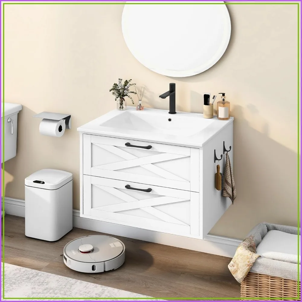 24 Inch Wall Mounted Bathroom Vanity with Sink, Floating Vanity with 2 Drawers and Towel Hook, White
