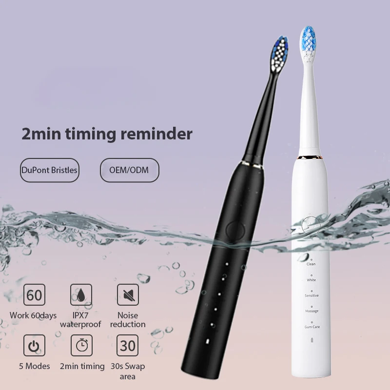 Black White Couple USB Charging Full Body IPX7  Waterproof  Multi-Mode DuPont  Bristles  Adult  Ultrasonic Electric Toothbrush