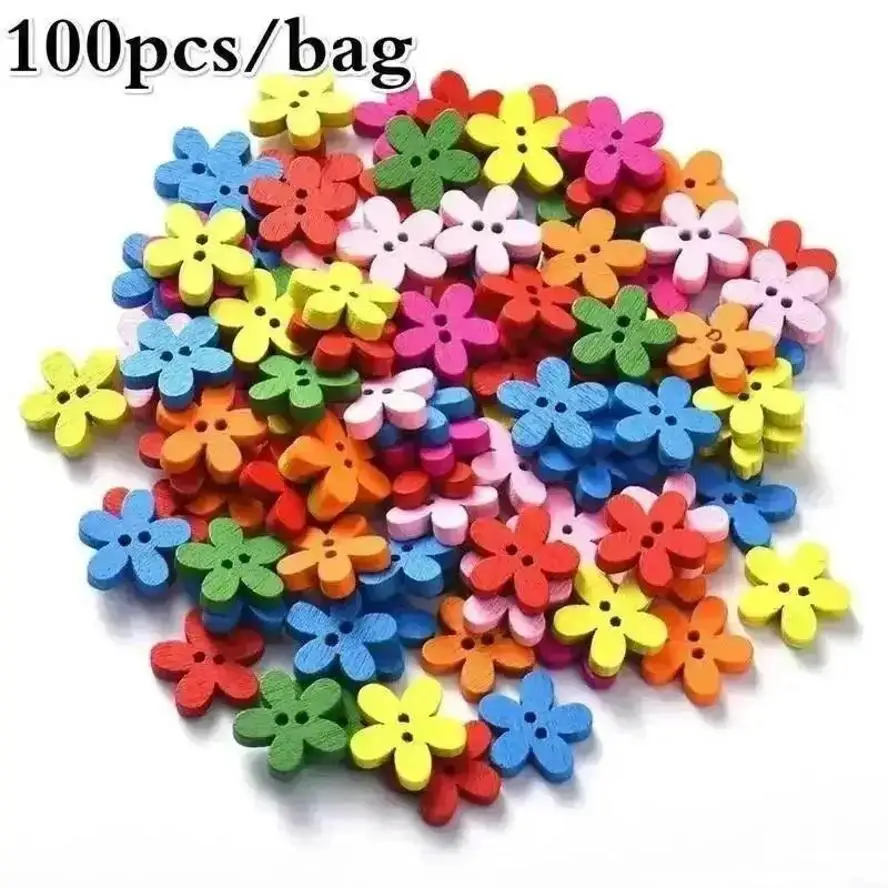 Nuevo 100 Uds. Botones decorativos de madera de flores mixtas de 2 agujeros adecuados para costura Clip artes y manualidades Multicolor 14x15mm