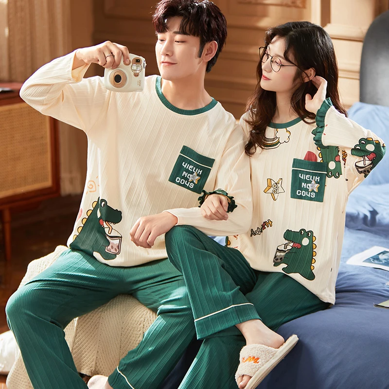 2024 Cartoon Sleepwear Cotton Pajamas Couple Long Sleeves Pyjamas Suit Pijama Women or Men Loungewear Dinosaur Pjs Home Clothes