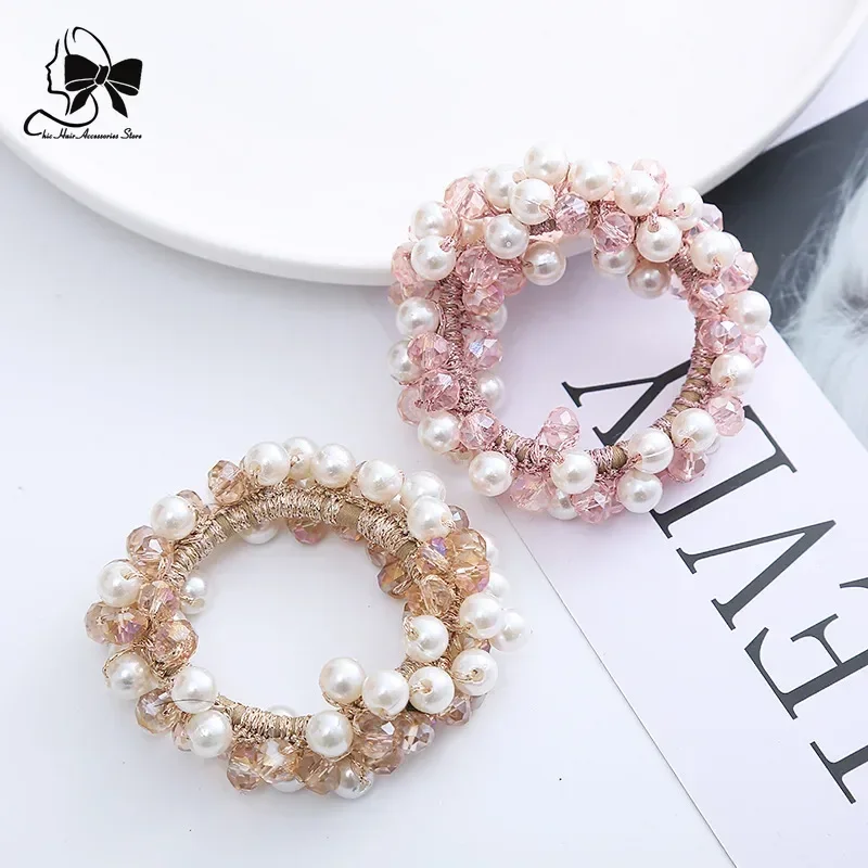 Pearl Crystal Fashion Senshi New Super Fairy Born Head String High Elastic Beaded Basic Scrunchie Jewelry Hair Bands