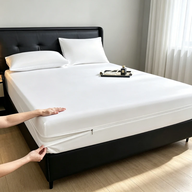 6-Sided Zipper Mattress Encasement Luxury Cooling Satin Dustproof Mattress Protector, Full All Around Deep Pocket Mattress Cover