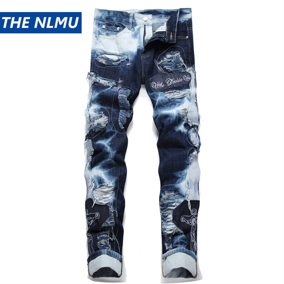 Ripped Embroidery Patchwork Fashion Jeans Men Streetwear Hip Hop Denim Pants Hi Street Blue Jeans Trousers for Male