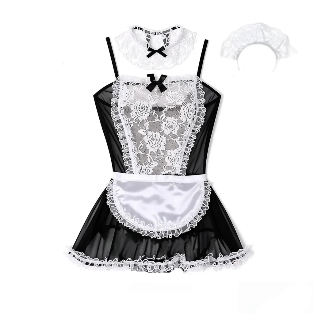 Women French Maid Outfit Sexy Sheer Lace Chemise With Apron For Cosplay Naughty Servant Uniform Fancy Lingerie