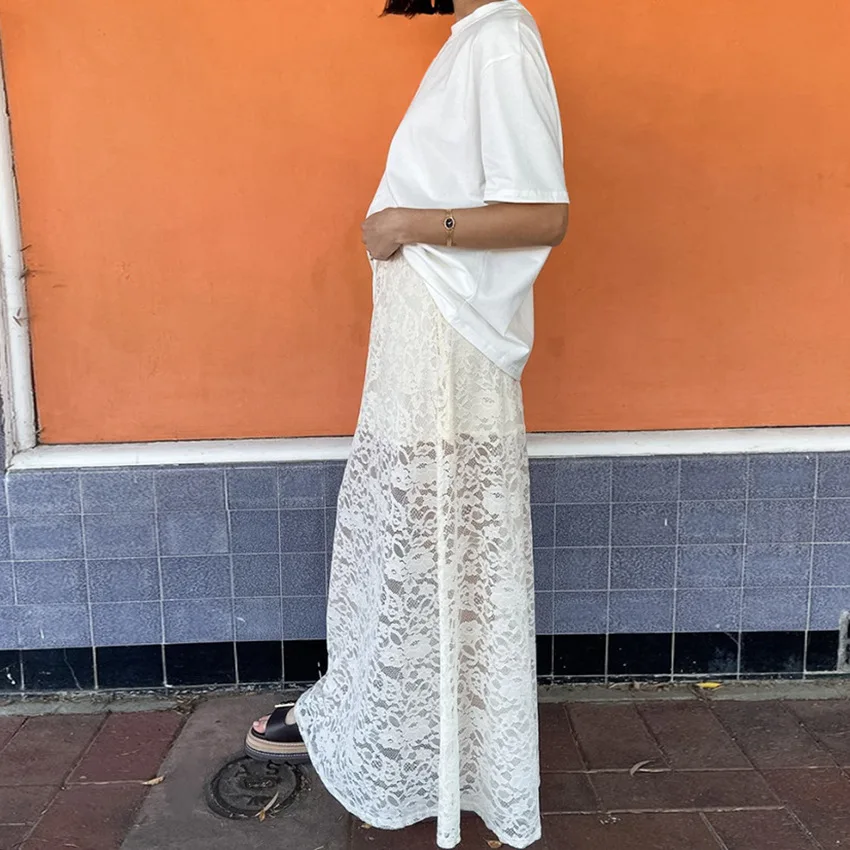 Seksowna biała koronkowa spódnica z wycięciami, z efektem prześwitu, z wysokim stanem, do pracy, w stylu Sle H, z poliestru, Ciwalk, odpowiednia dla kobiet w średnim wieku.