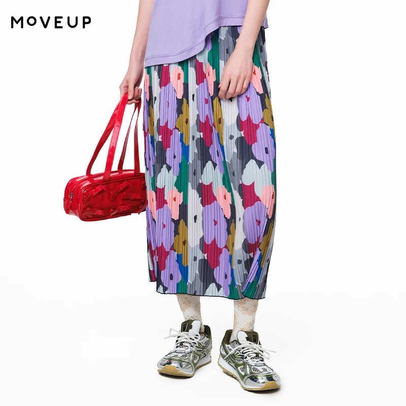 MOVEUP Casual A-Line Skirt 2026 Summer Loose Letter Elastic Waist Pleated Contrast Color Printed Loose Skirt For Women 3EWX20607