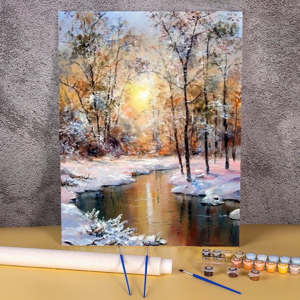 Acrylic Painting By Numbers Diy Gifts Snow River Canvas Painting For Adults Drawing By Numbers Wall Decoration Sunset Pintura