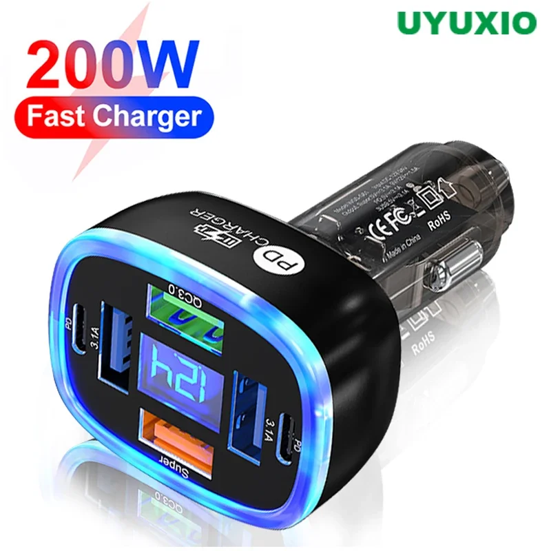 UYUXIO USB C Car Phone Charger 6 in 1 with Voltage Display Super Fast Charge Adapter for Samsung iPhone 16 15 Pro Max Oneplus