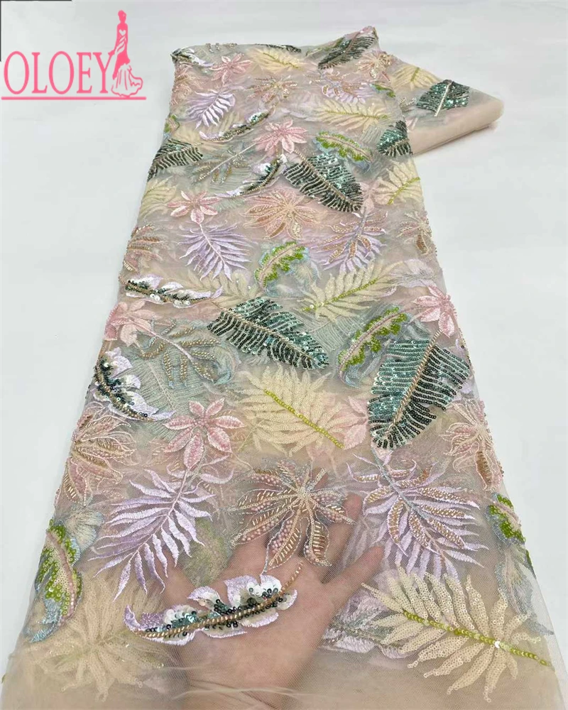 

OLOEY High-End Luxury French Embroidery Beaded Lace Fabric with Sequins for Weddings Latest Hot Sale African Nigerian Style