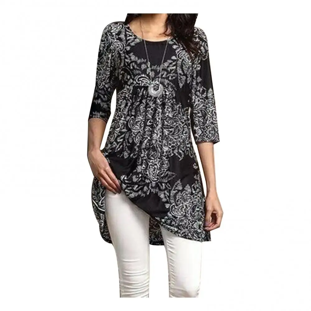 Mode femmes impression numérique longue Blouse Mini robe grand ourlet 3/4 manches T-shirt 2025 printemps été mince Style femmes Blouse haut