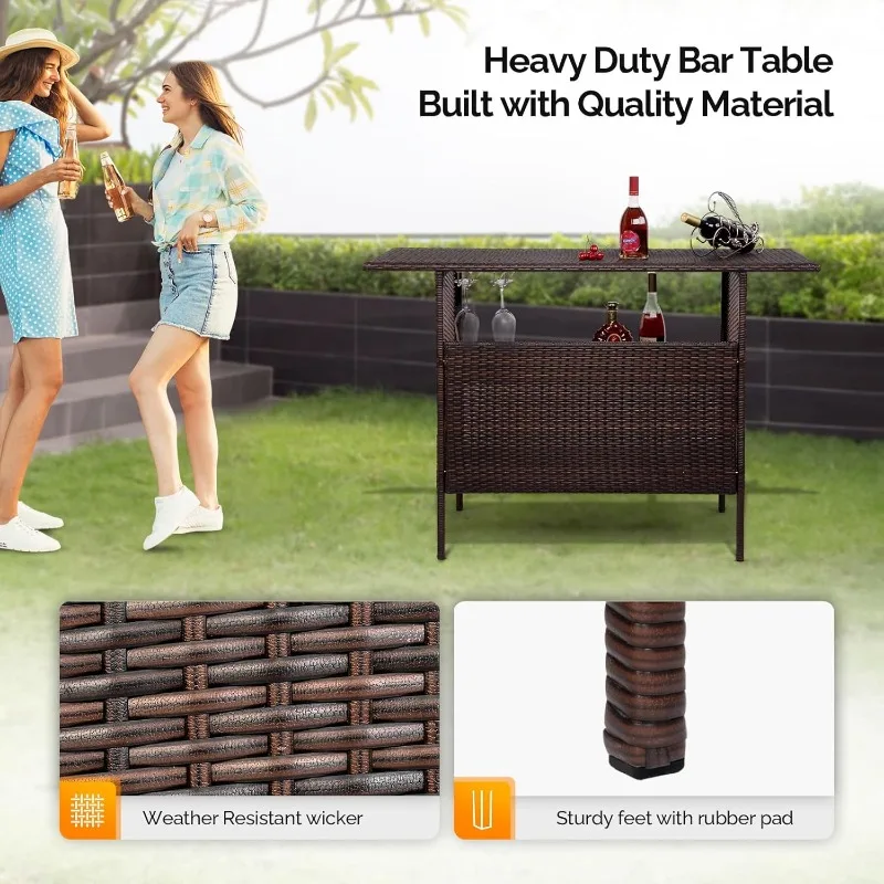 Wicker Outdoor Bar Table with 2 Steel Shelves, Sets of Rails, Rattan Patio Storage for Backyard, Poolside, Garden