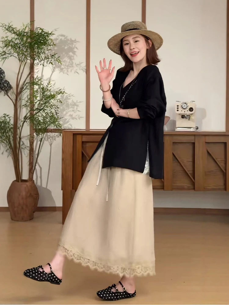 

Black Shirt Skirt Set Women's Fashion Summer 2026 High Waist Midi Skirt Comfortable Loose Fit V Neck Long Sleeve Two Piece Set