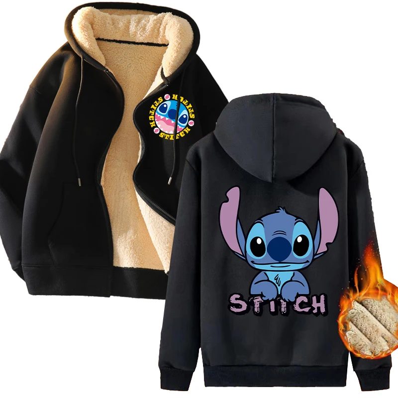 New Stitch Disney Zip Up Hoodie Cute Cartoon Printed Tops Thickened Warm Sweatshirts Women Casual Sports Coat Winter Clothing