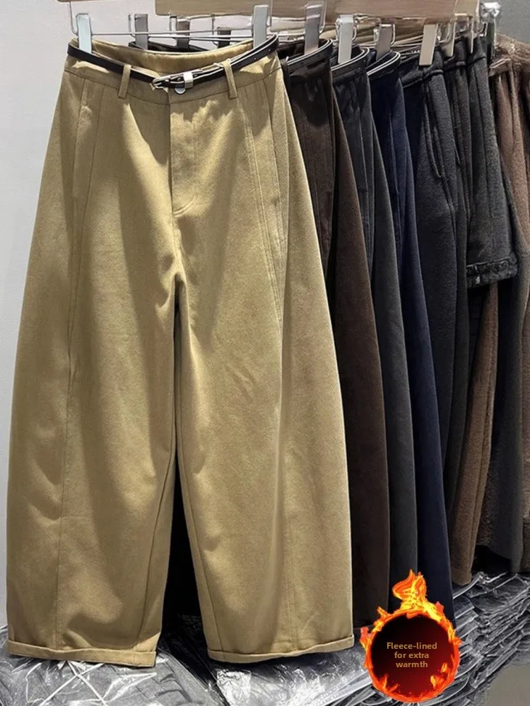 ハイウエスト裏起毛カジュアルストレートレッグパンツ レディース 冬新作 ゆったり着痩せ 暖かいワイドレッグロングパンツ