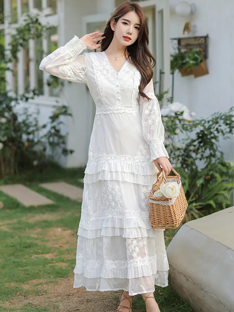 SMTHMA New Fashion White Lace Hollow Out Long Dress Women Full Sleeve Sexy V Neck Bohemian Style Temperament Ruffle Dress