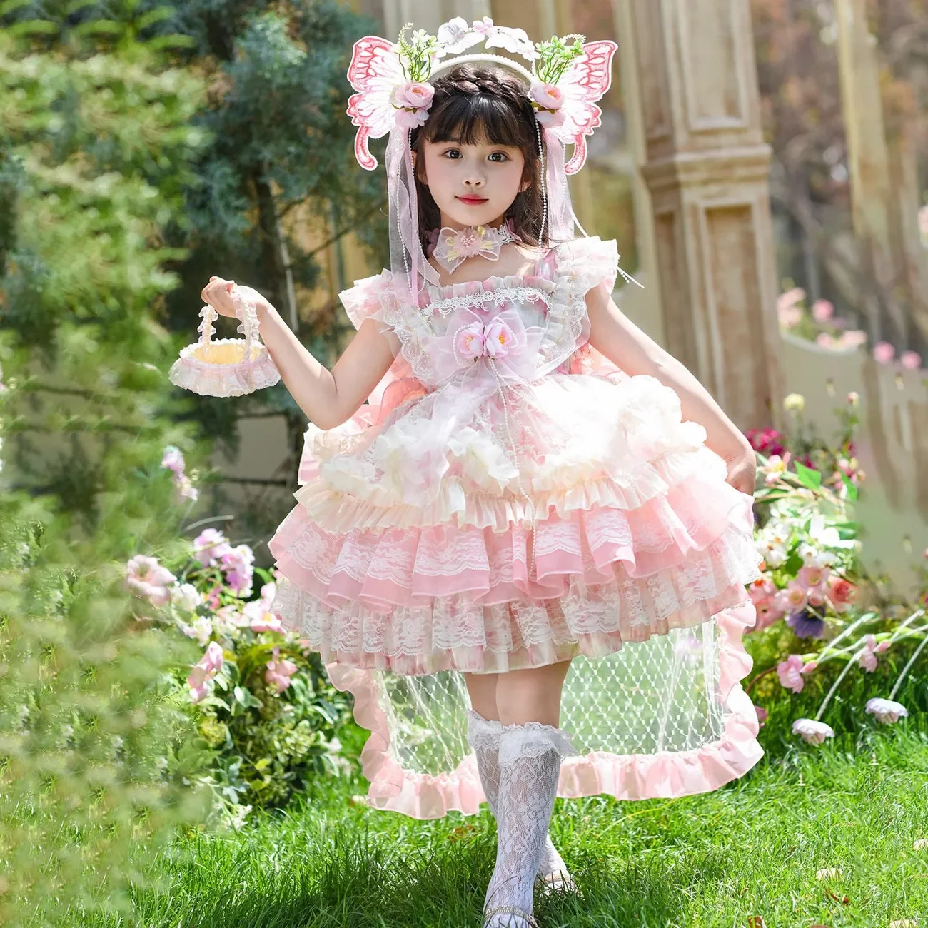 Baby Girl Summer Pink Sweet Lolita Lace Princess Ball Gown Floral Lace Cake Sundress Birthday Holiday Party Eid Childen Clothing