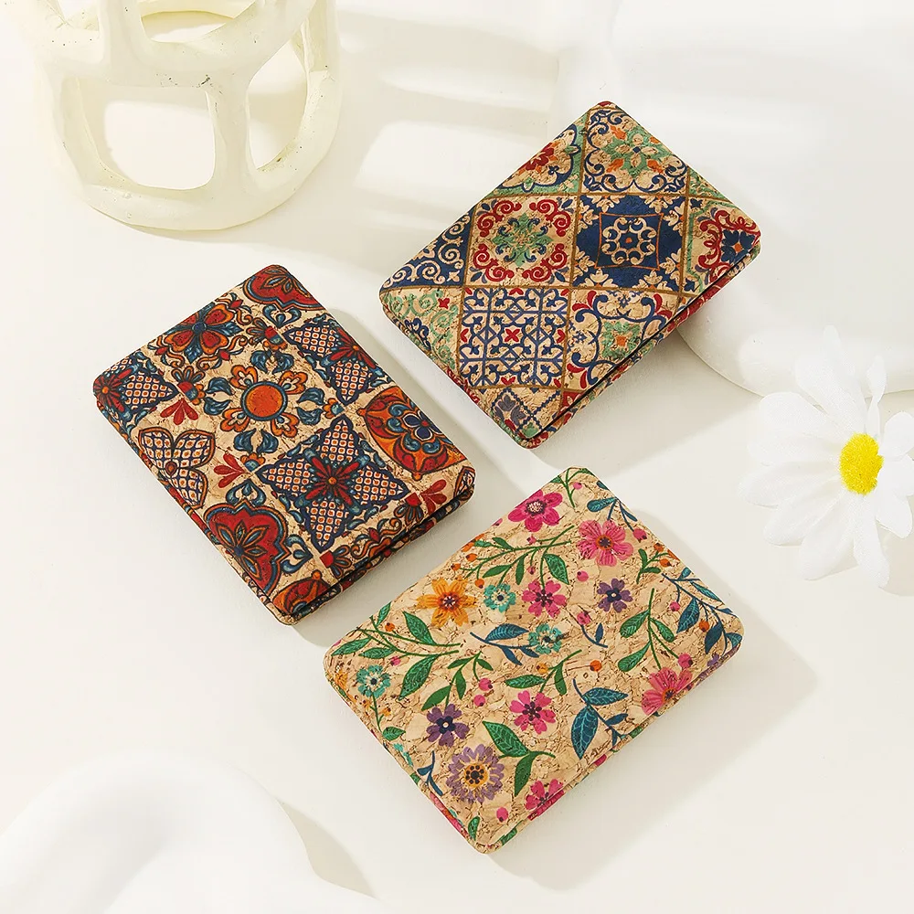 Round Vintage Pattern Cork Makeup Mirror Mini Pocket Mirror Portable Travel for Women Girls Folding Double Sided Cosmetic Mirror