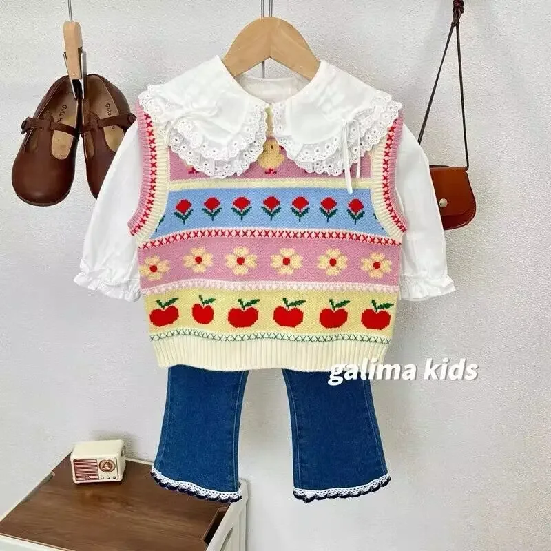 2024 Autmn Girls Cute Flower Knitted Vest Baby Kids Children Waistcoat Outerwear