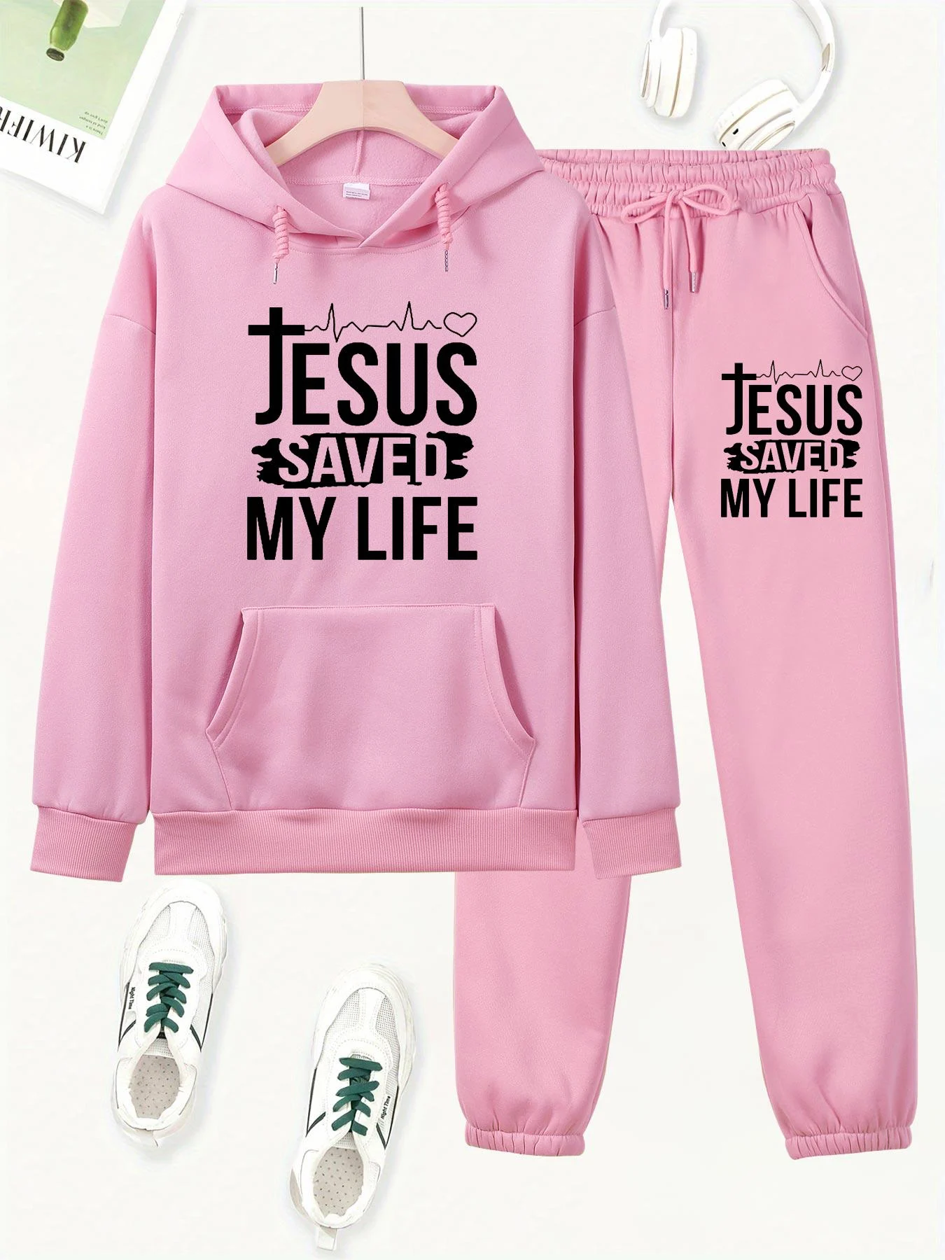 Felpa con cappuccio allentata autunno e inverno da donna + pantaloni della tuta set hip-hop street casual JESUS lettera stampata abbigliamento caldo alla moda
