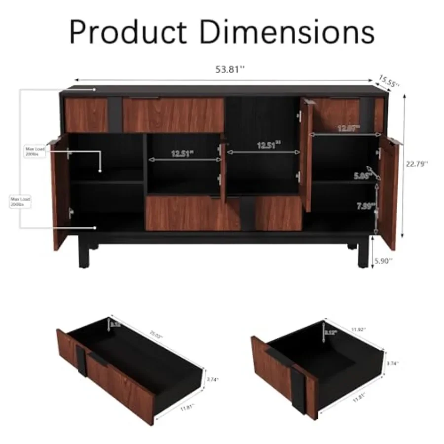 Living room and kitchen sideboard buffet cabinet with walnut finish, geometric decor doors, 3 drawers and 4 doors for modern co