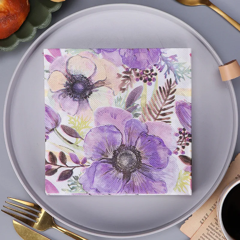 20pcs/bag Retro Purple Flower Printed Napkins Paper Disposable Tableware Wedding Bridal Party Decoration