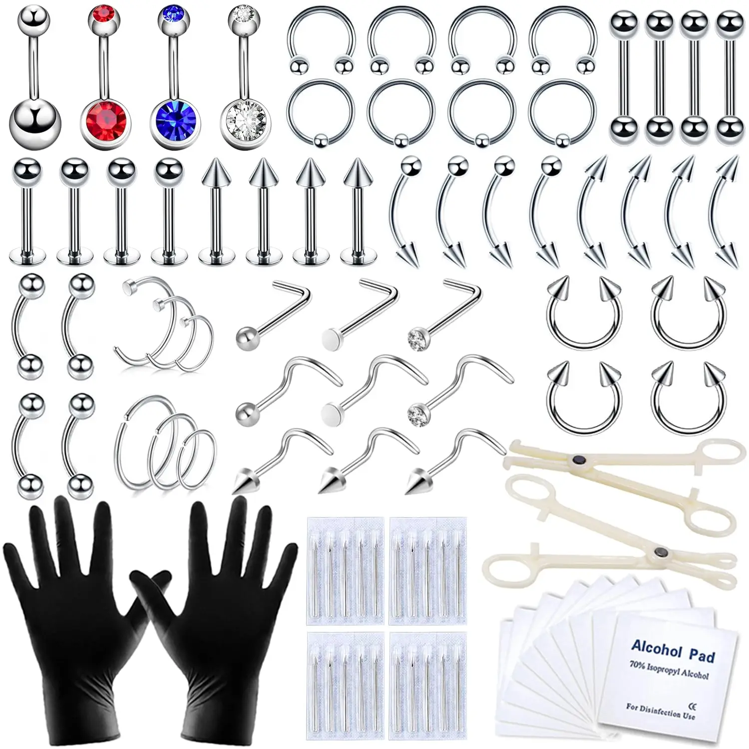 89Pcs Body Piercing Kit Piercing Jewelry Set with 12G‑20G Piercing Needles Gloves Alcohol Pads Clamps for Ear Nose Lip Piercing