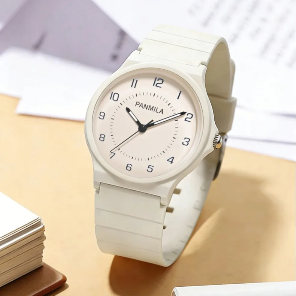New Luxury Student Quartz Watch, Cream-Colored Silicone Strap, Fashionable Quartz Wristwatch For Teenagers, With Timer Function.