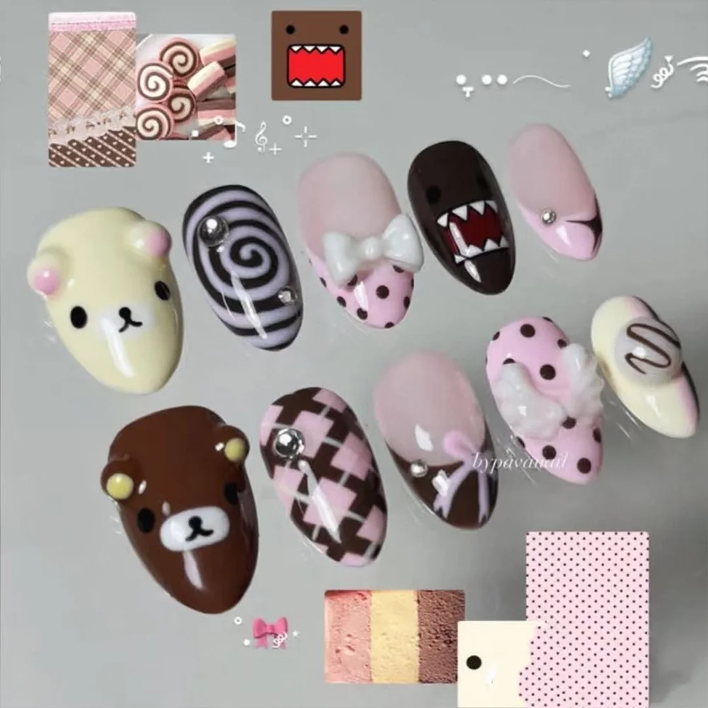 Niedliche Retro Japanische Rilakkuma Rosa Kaninchen Mandel Künstliche Nägel 3D Schleife Stern Katzenpfote Erdbeere Aufklebenägel Handaccessoires – Detail 27