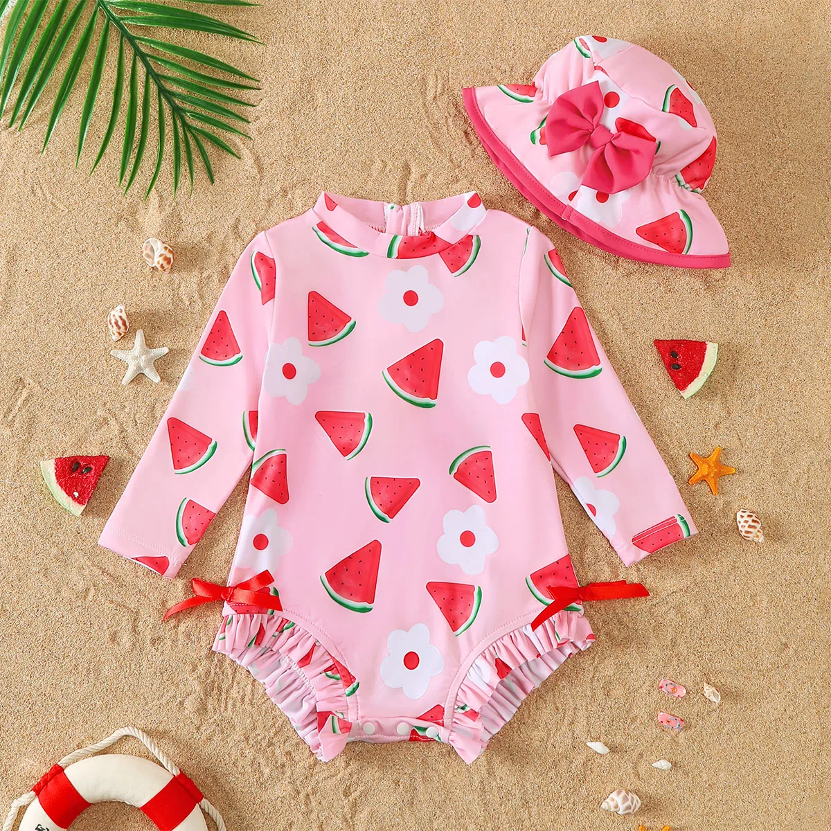 Baby Girl Summer Watermelon Pattern Long Sleeve Onesie Swimsuit with Sun Hat Infant Swimming Suit Set