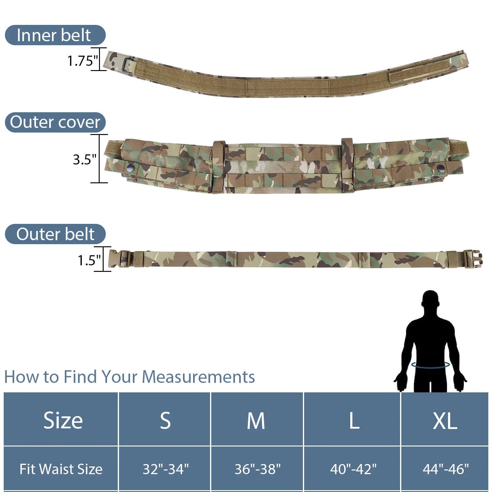 KRYDEX-cinturón táctico Modular para hombre, cinturón MOLLE de liberación rápida, ligero, interior y exterior, para deportes de camuflaje, equipo de