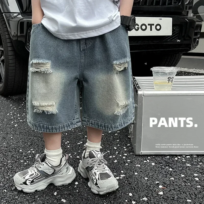 New Boys Summer Thin Denim Five-point Pants Kids Casual Ripped Denim Shorts Trousers Trendy Teen Straight Leg Jeans Clothing