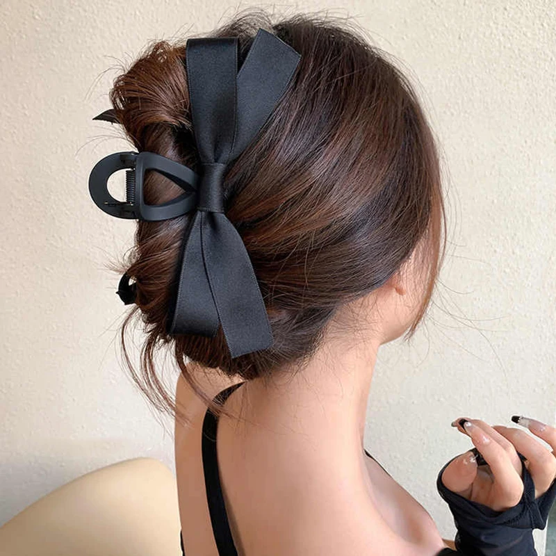 Black Bowknot Hair Claw Big Satin Bow Hair Clips Vintage Headwear Crab Hairpins Elegant Hair Clip For Women Hair Accessories