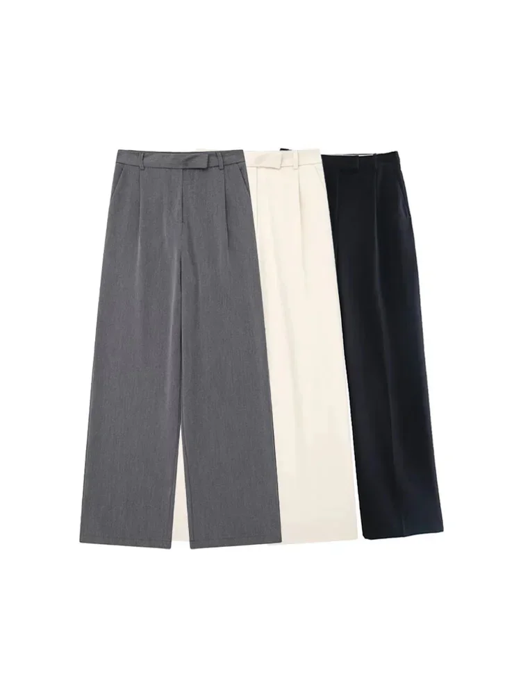 여성 패션 솔리드 앞 지퍼 스트레이트 팬츠 빈티지 하이웨이스트 풀 기장 여성 시크 레이디 트라우저