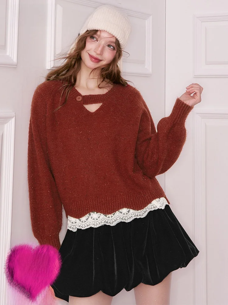 

Кружевной вязаный свитер V-Ne Lazy Sle out to Play, новогодний, красный цвет, повседневный свободный крой, длинный женский модный топ