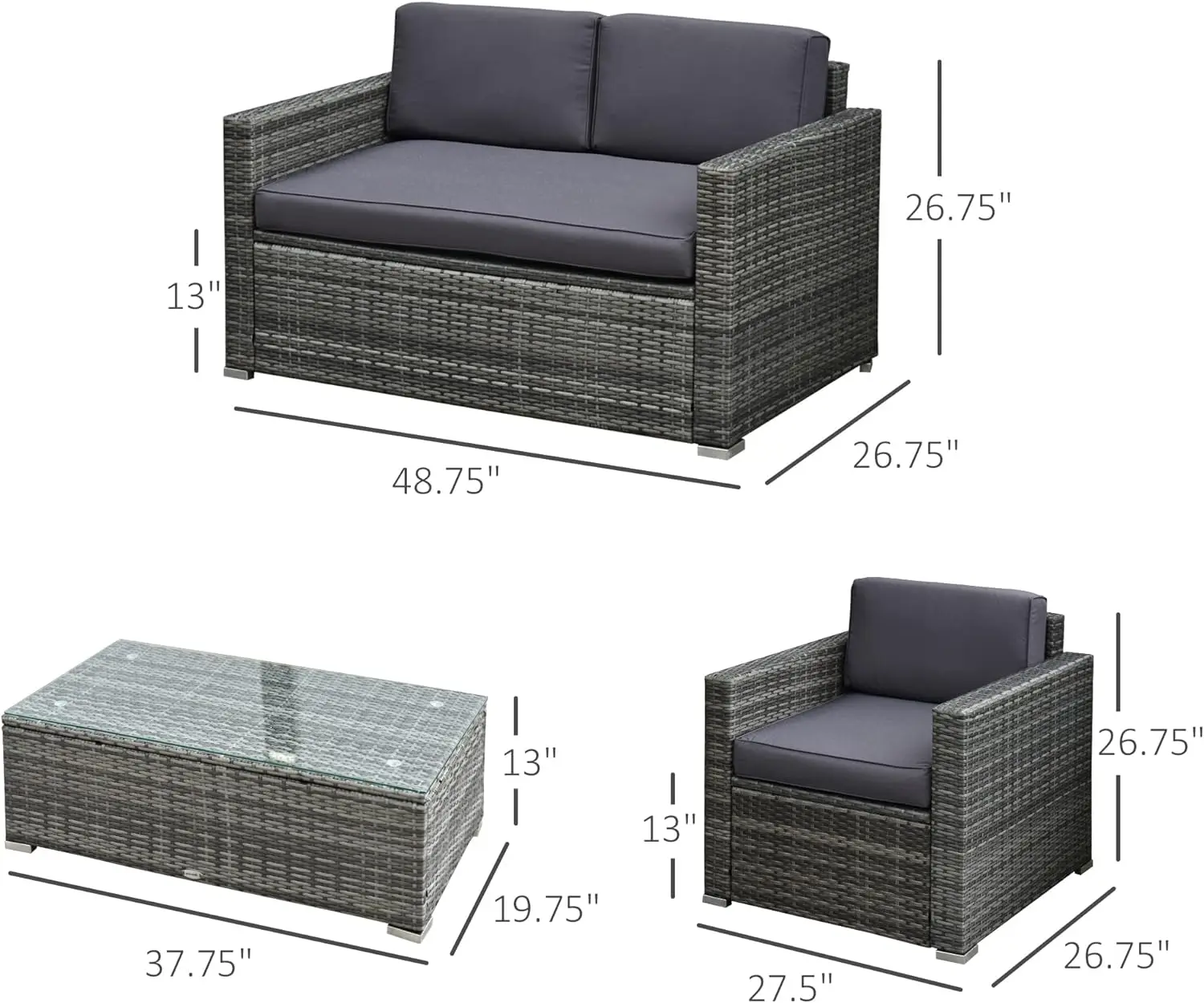 4-delige Rieten Terrasmeubilair Set Met Kussens, Buitenmeubilair Met 2 Sofa, Loveseat En Glazen Salontafel