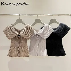 Kuzuwata New Moda Big Turn-down Collar Sleeveless Cardigan Off Shoulder Slim Fit Single Breasted Jumper Japan Knit All-match Top