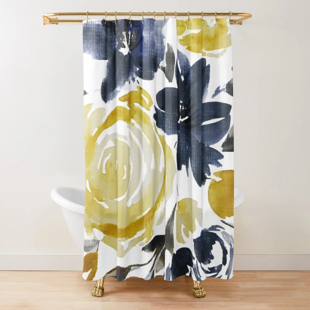 

Navy and Yellow Loose Watercolor Floral Bouquet Shower Curtain Luxury Bathroom Waterproof Shower Curtain