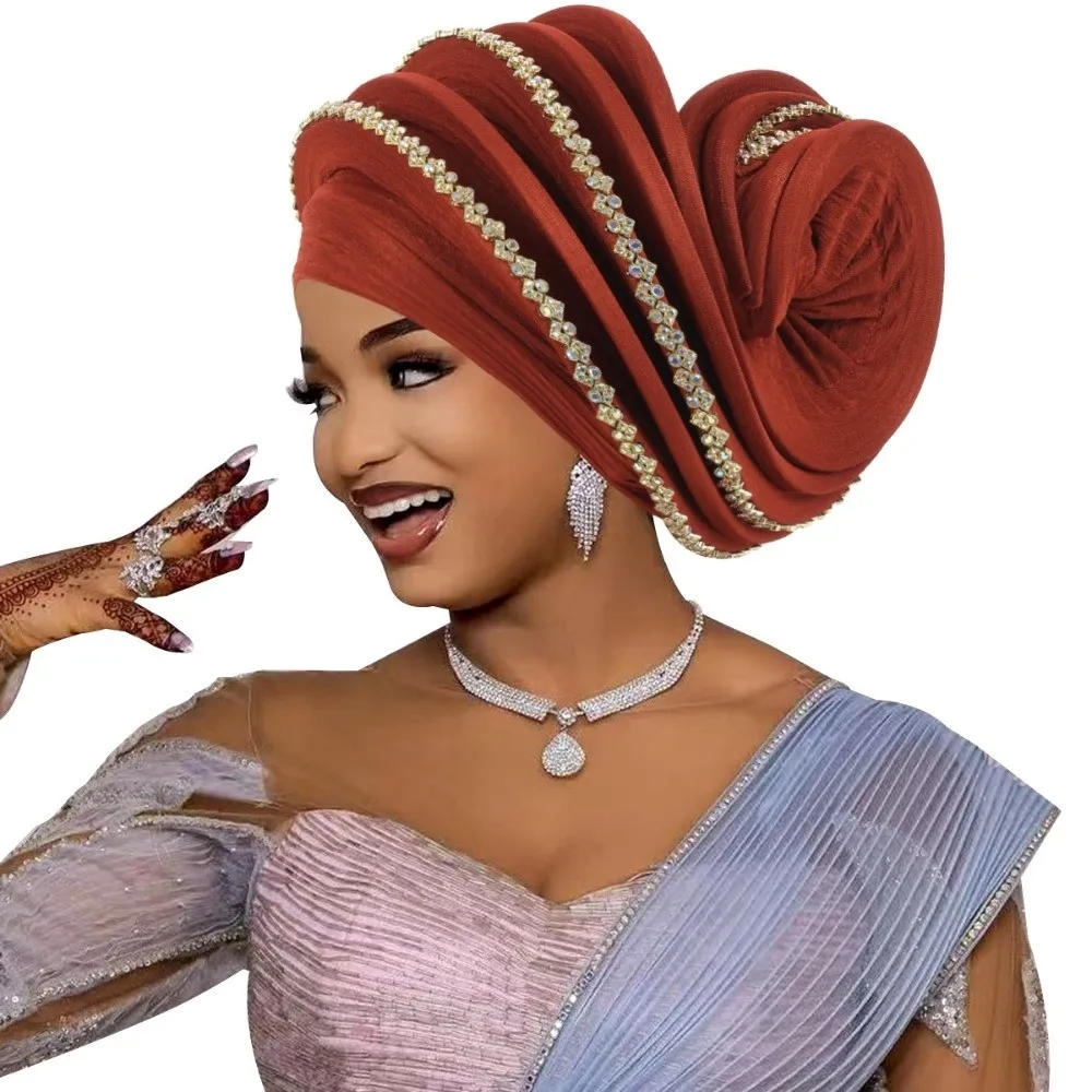 Luxury Rhinestone Decor Spiral Turban Sparkling Ethnic African Turban Cap Pre-Tied Head Wrap For Women Ladies