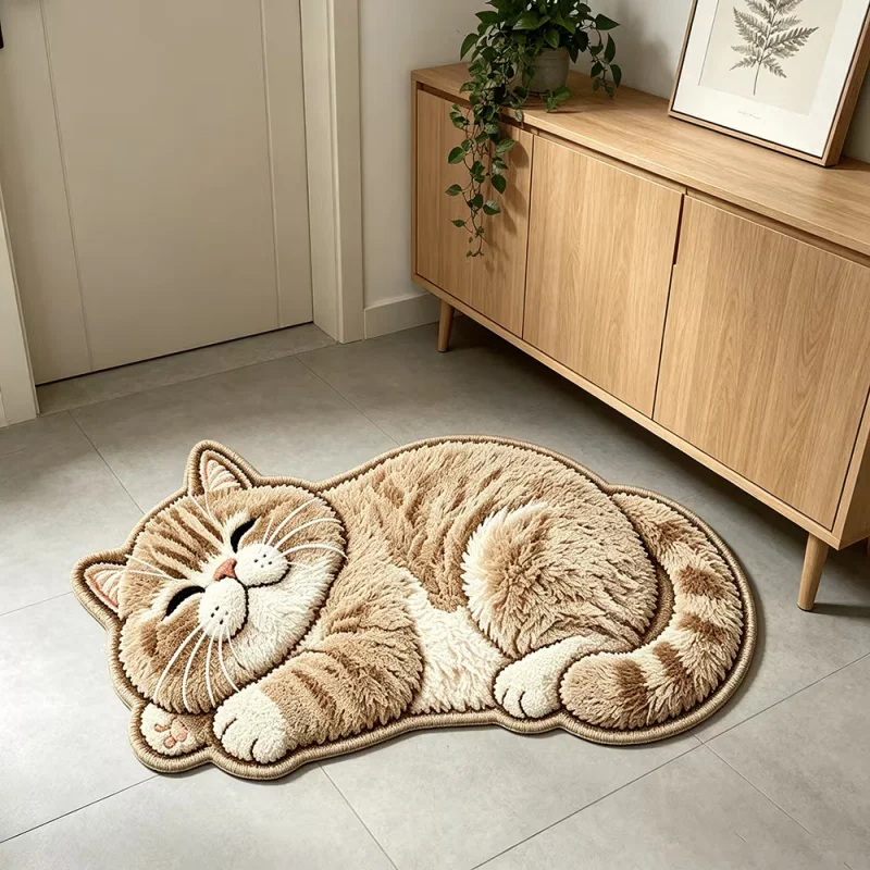 VIKAMA Lazy Cat Shaped Plush Bath Rug Quick Water Absorption Entrance Doormat Soft Bedroom Living Room Decor Anti Slip Floor Mat