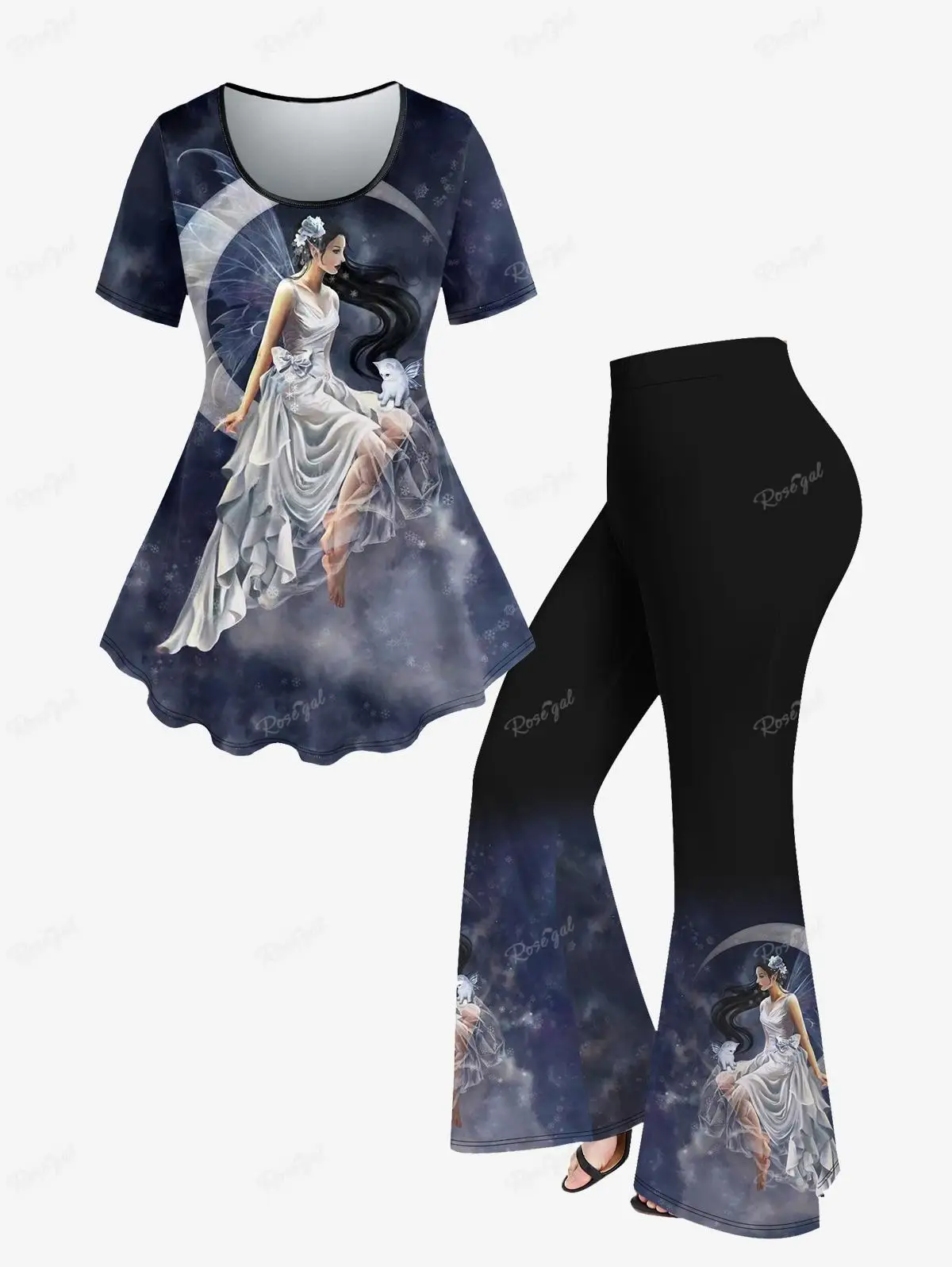 T-shirt and Flare Pants Plus Size 70s 80s Outfits conjuntos para mujeres 2 piezas Galaxy Moon Wings Cat Angel Print