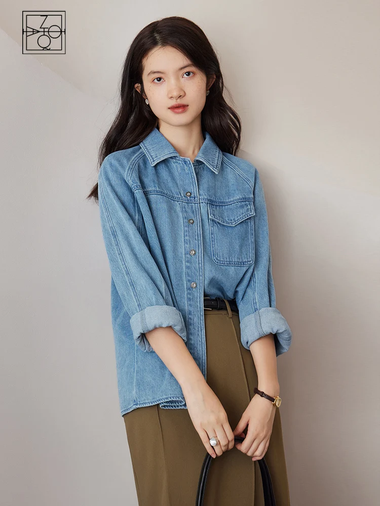 ZIQIAO All-match Retro Long-sleeved Denim Shirt Jacket for Women 2023 Autumn Newly Loose Raglan Sleeve Top Shirts Female