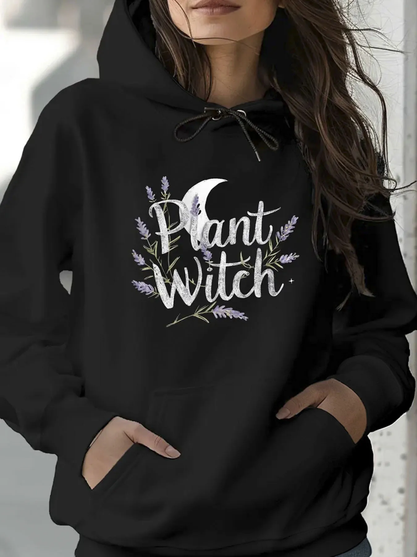 

Women'S Hooded Sweatshirt - Black with Purple Floral Accent - Loose Fit Pullover Hoodie, Kangaroo Pocket & Drawstring Hood