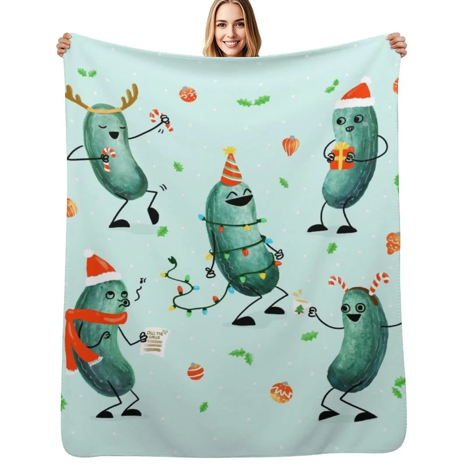 

Holiday Pickle Party! Throw Blanket Plaid For Decorative Sofa Soft Plush Plaid Blanket