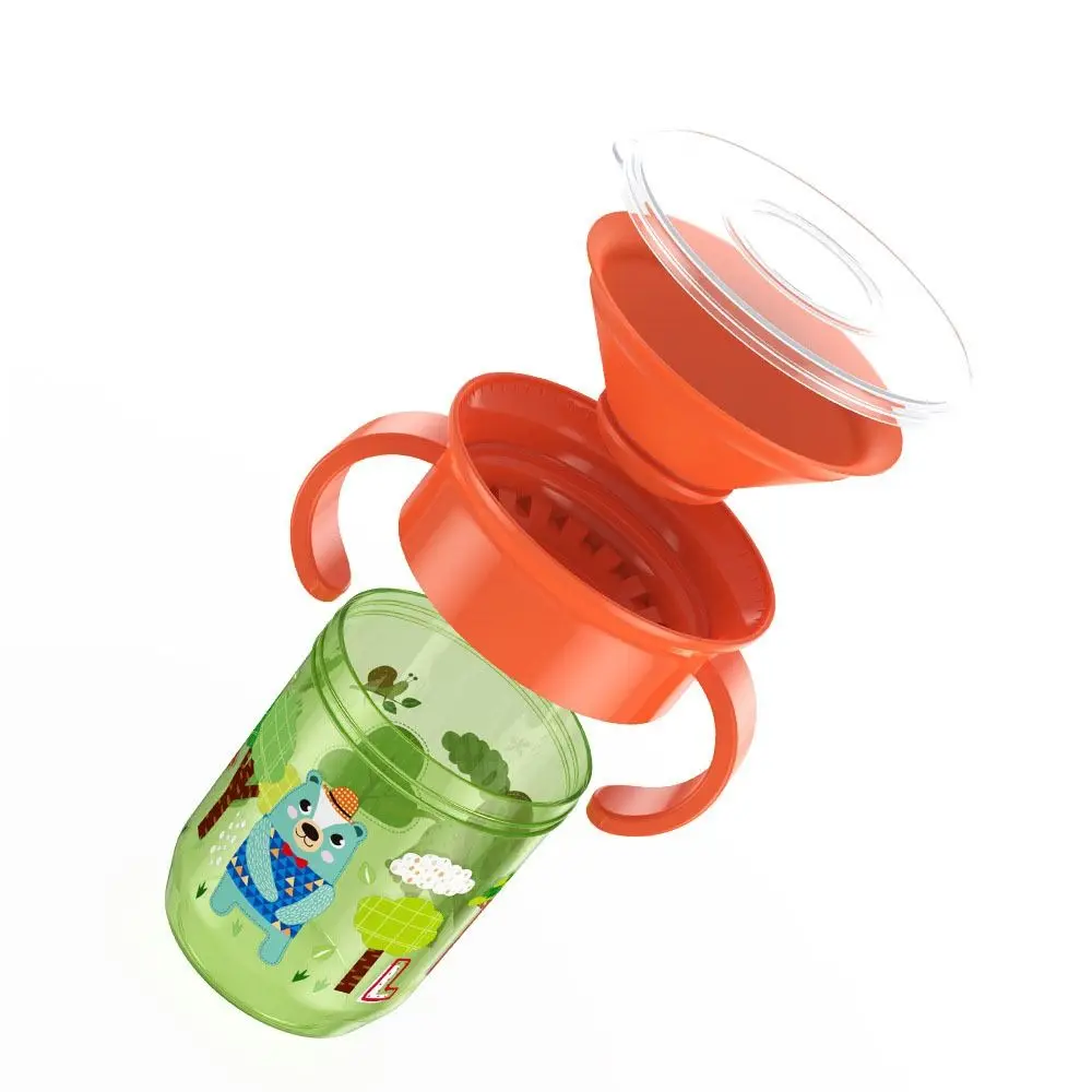 Taza de entrenamiento para niños pequeños con animales de dibujos animados, tapa abatible giratoria 360, botella de agua para bebés sin BPA con doble asa