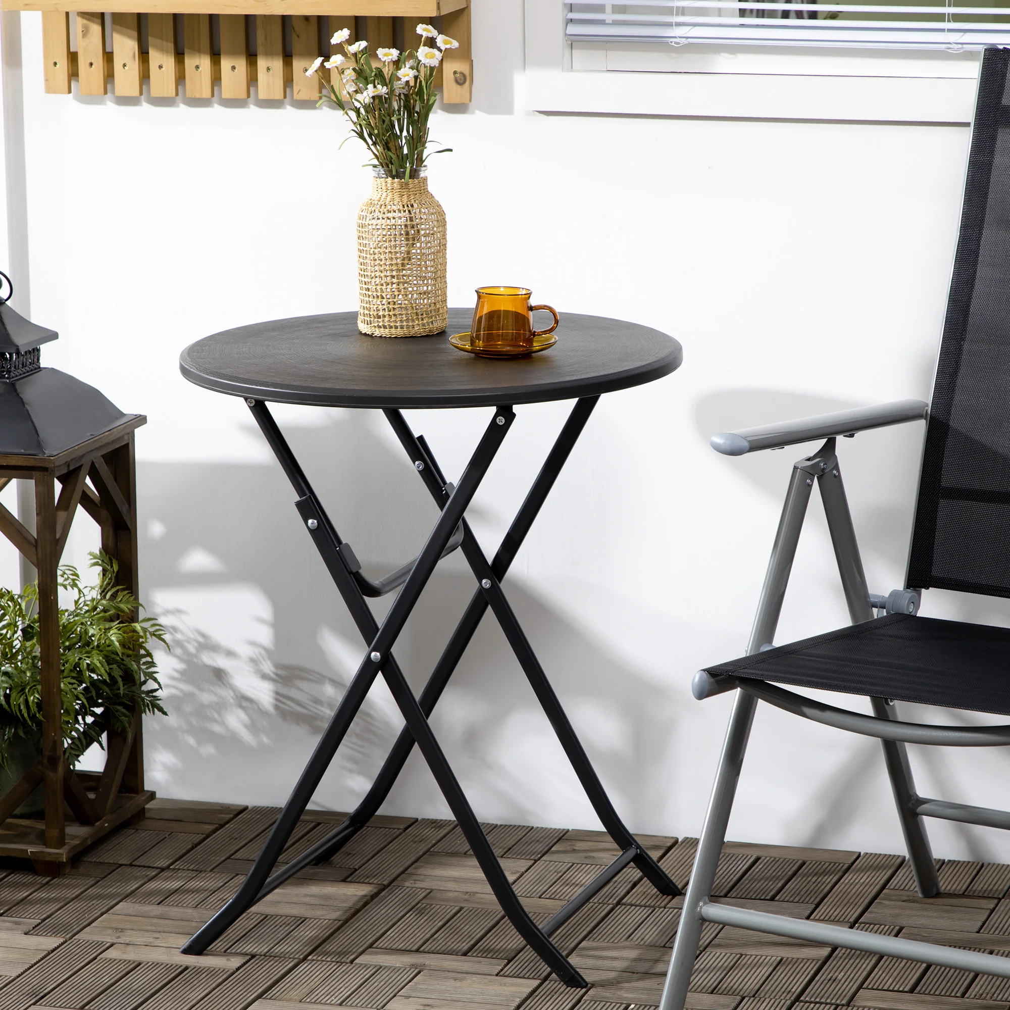 Mesa de Comedor Plegable Redonda Ø60 cm, Aspecto de Madera Gris Oscuro, Perfecta para Balcón y Terraza.