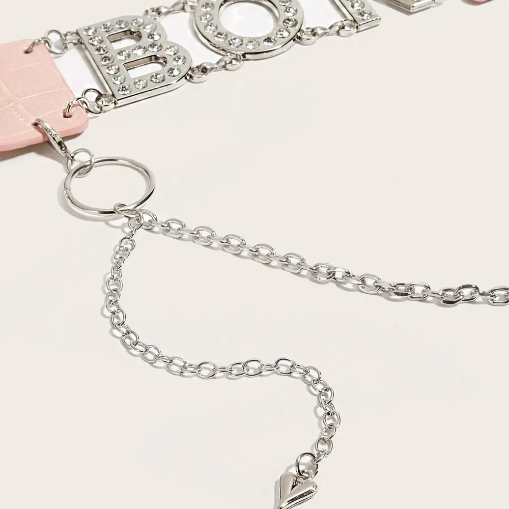 Personality PU Leather Rhinestone Belts Spice Girl Y2K Butterfly Waist Chain Letter Fashion Waistband Decorative Jeans