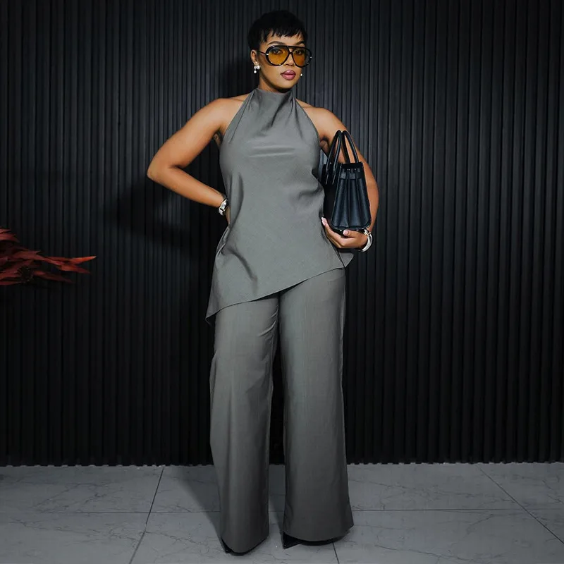 

New sweet and fresh stand-up collar sleeveless vest high waist straight pants two-piece stylish simple and versatile temperament