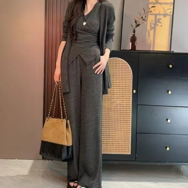 

2026 Spring and Summer New Casual Exercise Suit Women 3 Piece Set Long Sleeve Cardigan Vest Wide Leg Pants