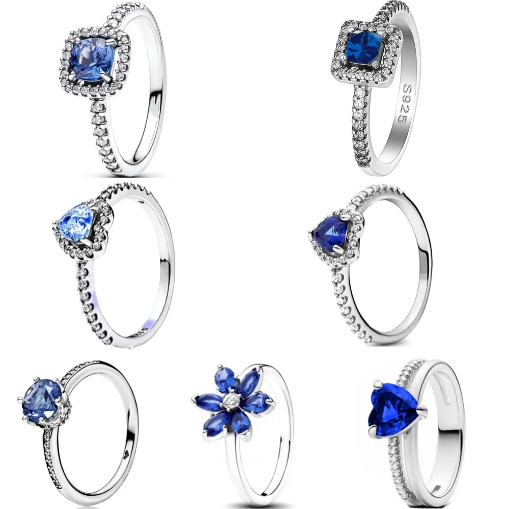 All Blue Stone Ring 925 Sterling Silver Rings Flower Heart For Women Original Wedding White Crystal Ring Luxury Jewelry