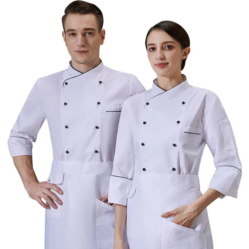 C312ห้องครัวร้านอาหาร Coat Cook Workwear Chef Uniform Waiter เสื้อคู่ Breasted Chef แจ็คเก็ต Unisex Overalls